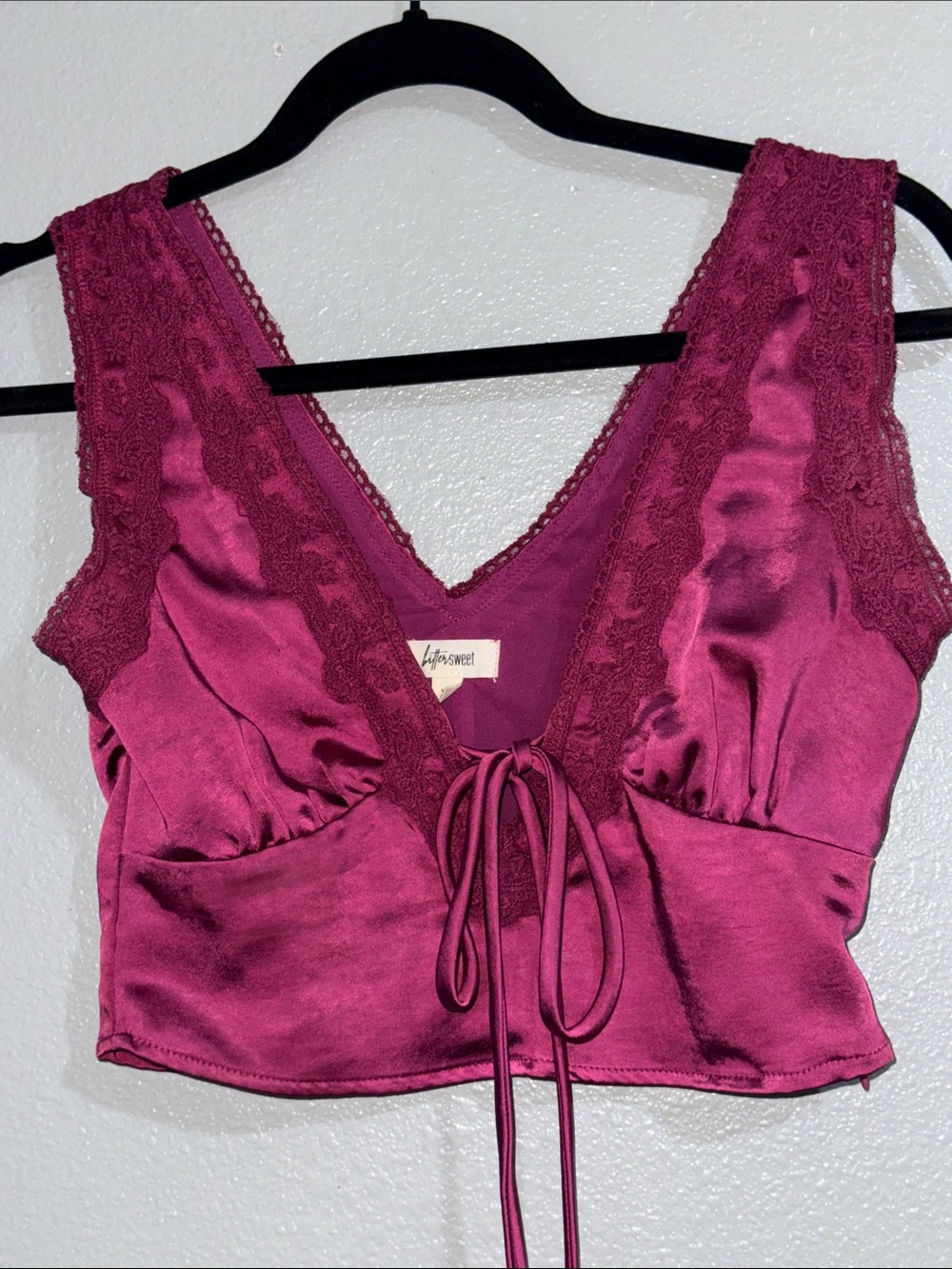 BitterSweet Satin Lace-Trim Tie-Front  top